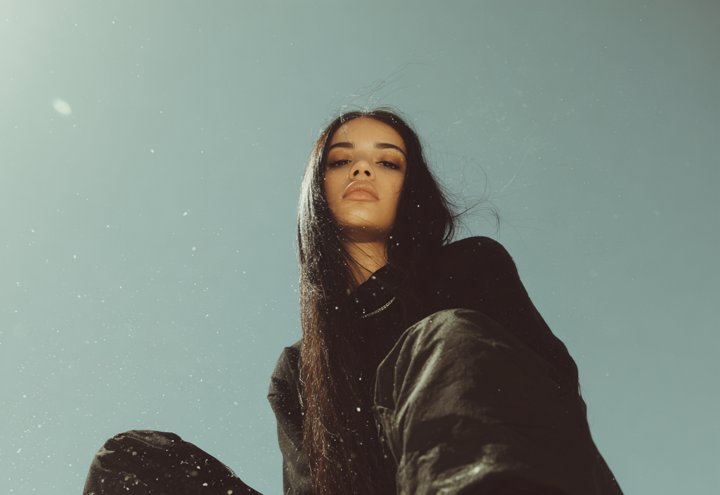 Person in a black coat and gloves holding out their hand towards the camera with snow falling.